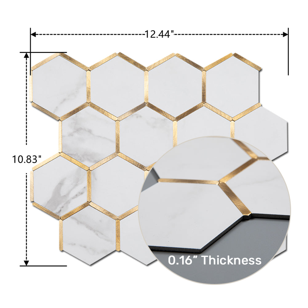 5-Sheet Peel and Stick Backsplash Tile PVC White Marble Stone with Gold Metal 3'' Hexagon
